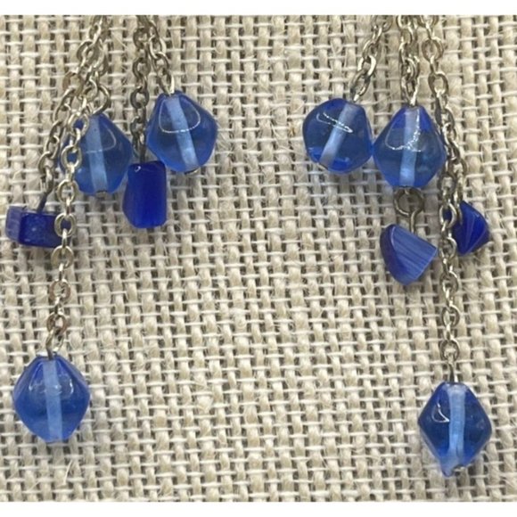 Blue Beaded Earrings Silver Tone Tassels Vintage Dangle - Picture 5 of 6